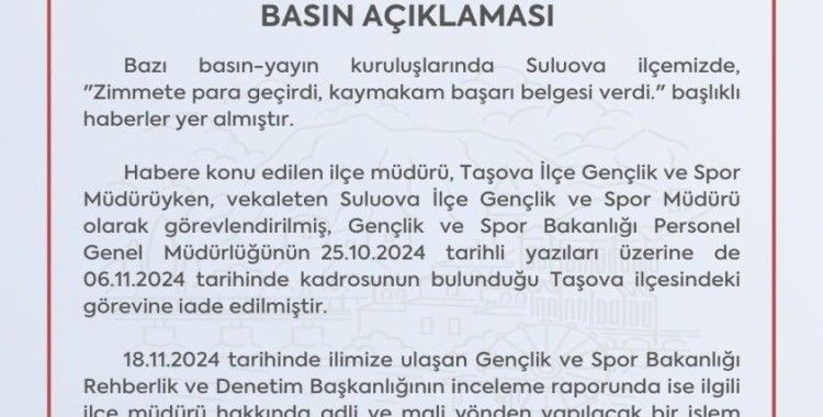 Amasya Valiliği’nden ’zimmet’ açıklaması
