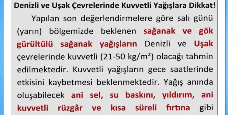 Uşak’a kuvvetli yağış uyarısı
